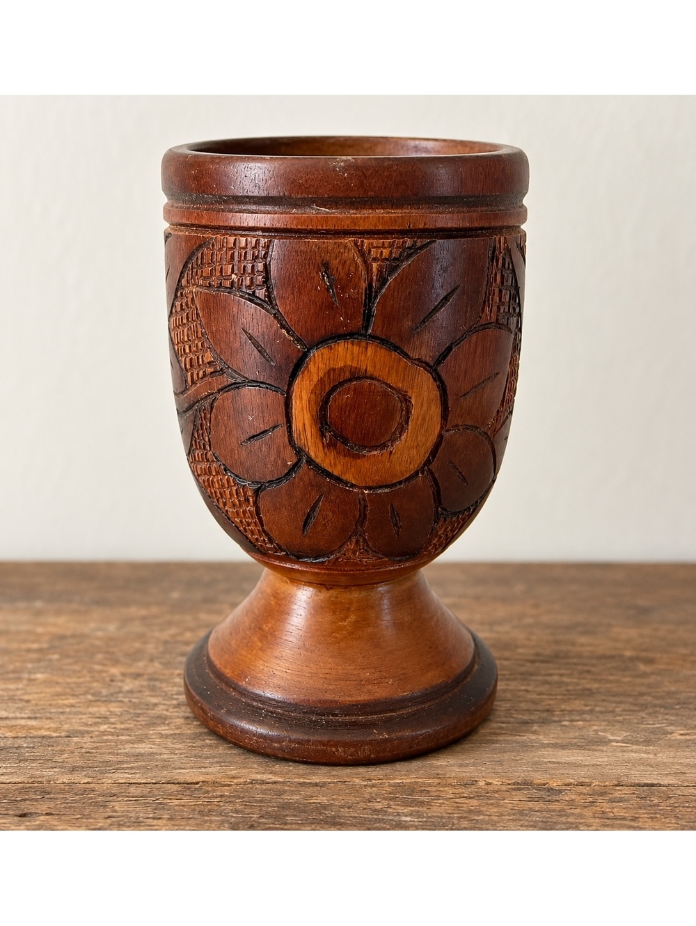 Philippine Hand Carved Wood Goblet Chalice Floral Pedestal Vessel 1970s Boho